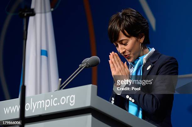 Tokyo 2020 ambassador Christel Takigawa gestures during Tokyo's bid presentation before the International Olympic Committee members during a IOC...