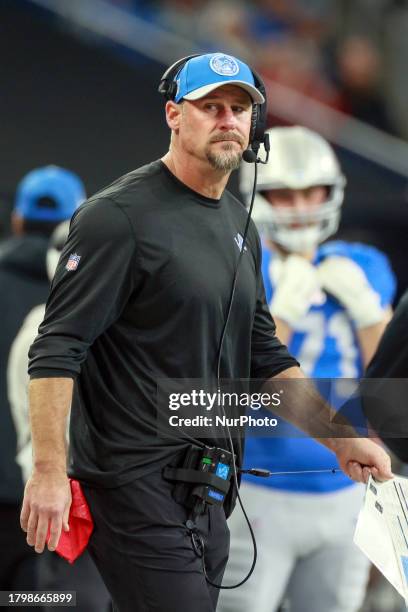 Detroit Lions head coach Dan Campbell looks down the sidelines during an NFL Thanksgiving Day football game between the Detroit Lions and the Green...