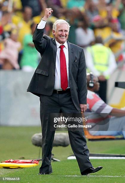 Gordon Igesund manager of South Africa celebrates during the 2014 FIFA World Cup Qualifier match between South Africa and Botswana from Moses Mabhida...