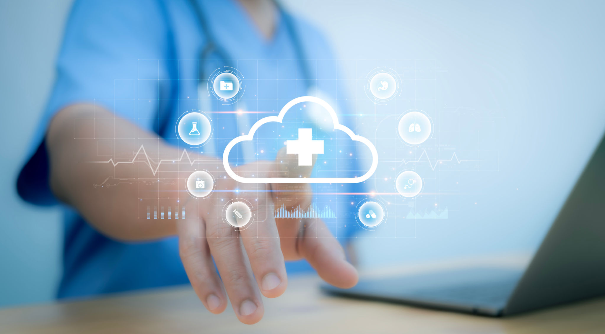 A medical worker touch technology cloud computing medical cross shape and healthcare, Virus pandemic develop people awareness and spread attention on their healthcare in global. A medical worker touch technology cloud computing medical cross shape and healthcare, Virus pandemic develop people awareness and spread attention on their healthcare in global.