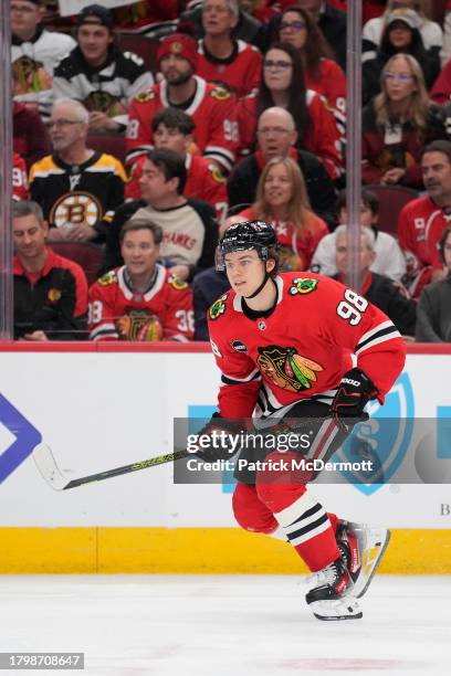 Connor Bedard of the Chicago Blackhawks skates against the Tampa Bay Lightning during the second period at the United Center on November 16, 2023 in...