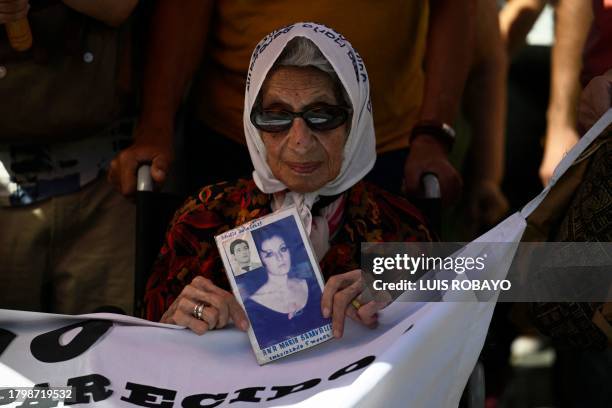 Madres de Plaza de Mayo association member Mirta Acuña de Baravalle takes part in a demonstration held by the association and members of leftist...