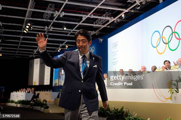 Prime Minister Shinzo Abe waves after the Tokyo 2020 bid presentation during the 125th IOC Session - 2020 Olympics Host City Announcement at Hilton...