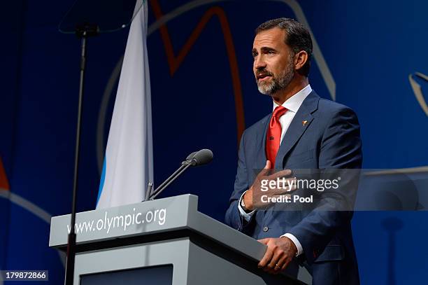 Spain's Crown Prince Felipe speaks during Madrid's bid presentation before the International Olympic Committee members during a IOC session on...