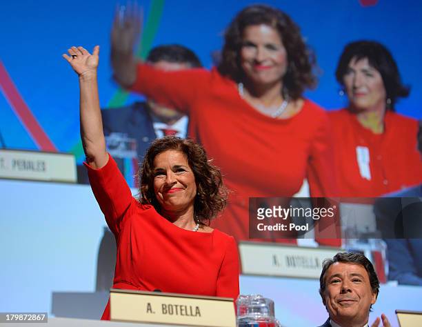 Madrid's Mayor Ana Botella waves during Madrid's bid presentation before the International Olympic Committee members during a IOC session on...
