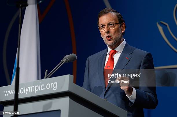 Spain's Prime Minister Mariano Rajoy speaks during Madrid's bid presentation before the International Olympic Committee members during a IOC session...