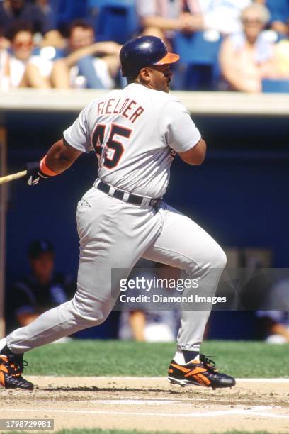 Cecil Fielder of the Detroit Tigers bats during a game against the Chicago White Sox at Comiskey Park II circa 1995 in Chicago, Illinois.