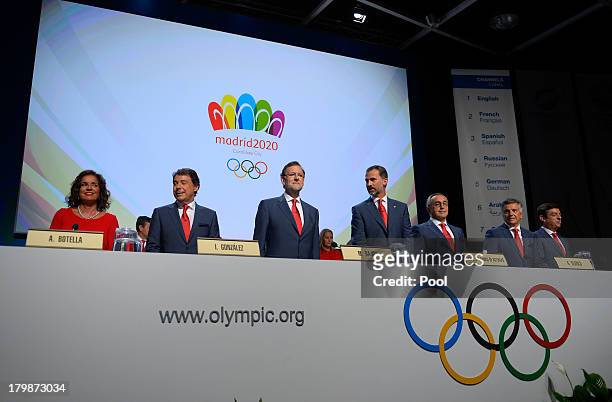 Madrid 2020 bid representatives with Spains Prime Minister Mariano Rajoy and Spain's Crown Prince Felipe attend their presentation before the...