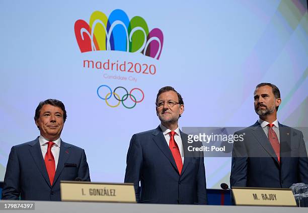 Madrid 2020 bid representatives Madrid regional president Ignacio Gonzalez, Spains Prime Minister Mariano Rajoy and Spain's Crown Prince Felipe...