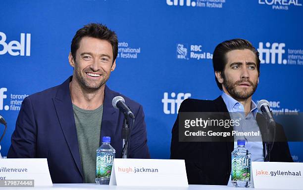 Actors Hugh Jackman and Jake Gyllenhaal speak onstage at the 'Prisoners' Press Conference during the 2013 Toronto International Film Festival at TIFF...