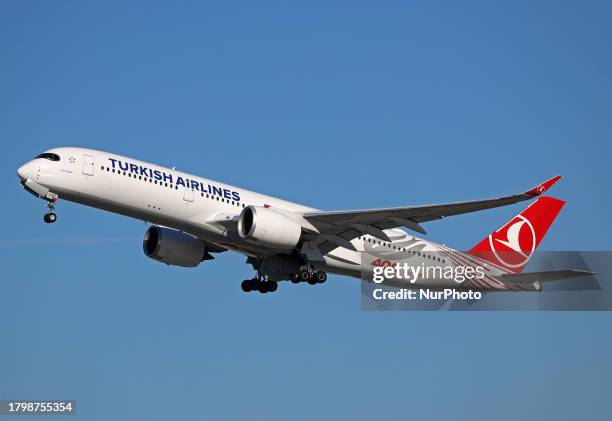 Turkish Airlines' 400th aircraft, an Airbus A350-941, is taking off from Barcelona Airport in Barcelona, Spain, on November 23, 2023.