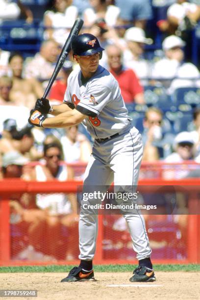 Cal Ripken Jr. #8 of the Baltimore Orioles bats during a game against the Milwaukee Brewers at County Stadium circa 1996 in Milwaukee, Wisconsin.