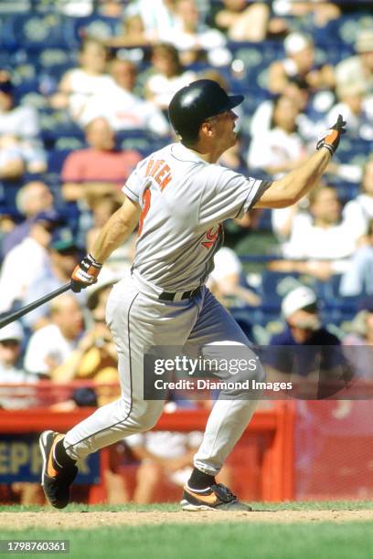 Cal Ripken Jr. #8 of the Baltimore Orioles bats during a game against the Milwaukee Brewers at County Stadium circa 1996 in Milwaukee, Wisconsin.