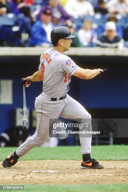 Cal Ripken Jr. #8 of the Baltimore Orioles bats during a game against the Chicago White Sox at Comiskey Park II circa 1997 in Chicago, Illinois.