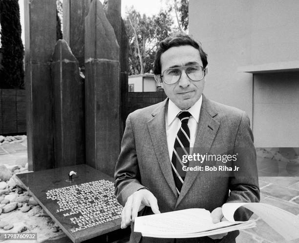 Rabbi Marvin Hier of Wiesenthal Center in Los Angeles holds copies of Joseph Mengele files, March 14, 1985 in Los Angeles, California. The Center...