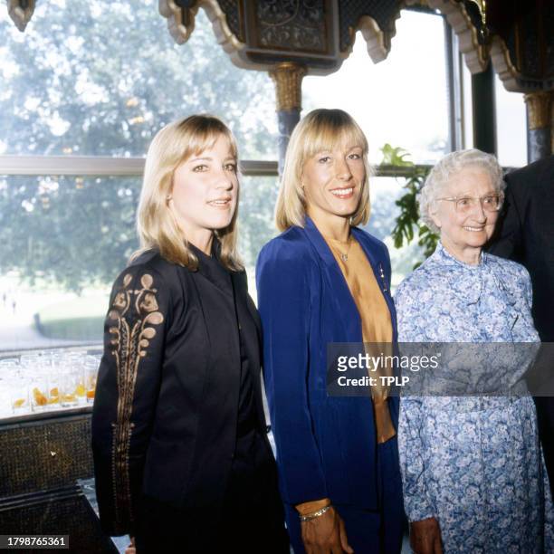 Portrait of tennis players, from left, Chris Evert, Martina Navratilova, and Kathleen McKane at the celebration of the 50th anniversary of designer...