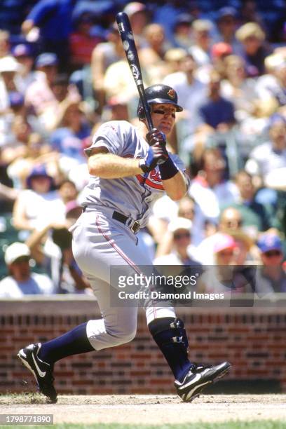 Jim Thome of the Cleveland Indians bats during a game against the Chicago Cubs at Wrigley Field circa 1996 in Chicago, Illinois.