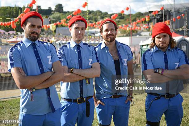 Kyle Simmons, Will Farquarson, Dan Smith and Chris Wood of Bastille pose for a photo backstage on Day 3 of Bestival at Robin Hill Country Park on...