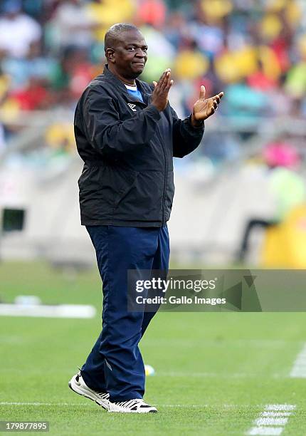 Stanley Tshosane manager of Botswana reacts during the 2014 FIFA World Cup Qualifier match between South Africa and Botswana from Moses Mabhida...