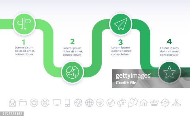 ilustrações, clipart, desenhos animados e ícones de design de caminho de círculo infográfico em quatro etapas - organograma
