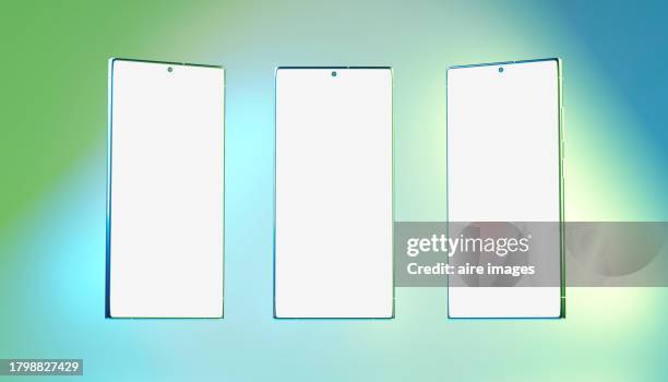 front view of three phones with white screens with green and blue colorful background in a 3d rendered image - tablet 3d stock-fotos und bilder