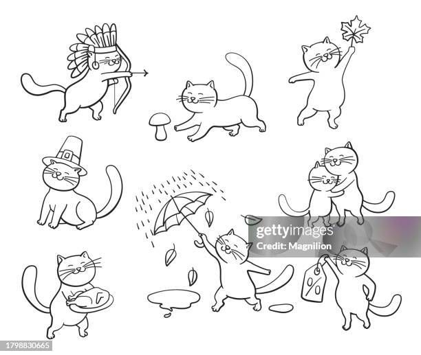 autumn cats on thanksgiving day, doodles set - pet clothing stock illustrations