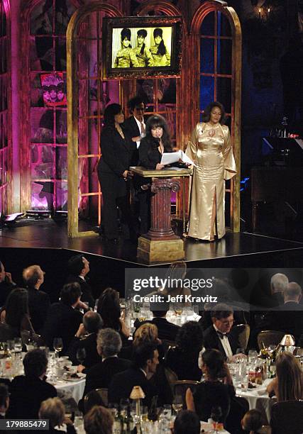 Keith Richards with Estelle Bennett, Ronnie Spector and Nedra Talley of The Ronettes, inductees