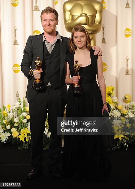 Musicians Glen Hansard and Marketa Irglova poses in the press room during the 80th Annual Academy Awards at the Kodak Theatre on February 24, 2008 in...