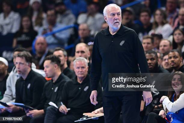 Head coach Gregg Popovich of the San Antonio Spurs looks on during the first half of an NBA In-Season Tournament game against the Oklahoma City...
