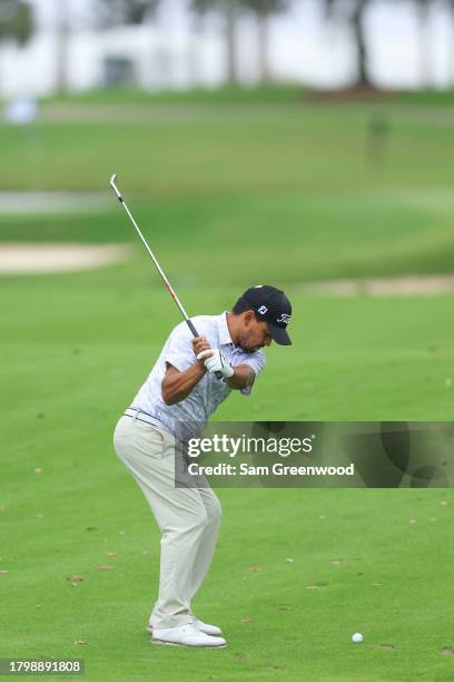 Fabian Gomez of Argentina hits from the 12th fairway during the second round of The RSM Classic on the Plantation Course at Sea Island Resort on...