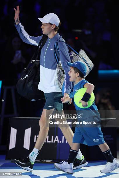 Jannik Sinner of Italy enters the court to play against Holger Rune of Denmark during the Men's Singles Round Robin match on day five of the Nitto...
