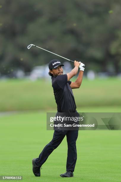 Satoshi Kodaira of Japan hits from the 13th fairway during the second round of The RSM Classic on the Plantation Course at Sea Island Resort on...