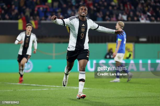 Youssoufa Moukoko of Germany celebrates after scoring the team's second goal during the UEFA Under21 Euro Qualifier match between Germany U21 and...