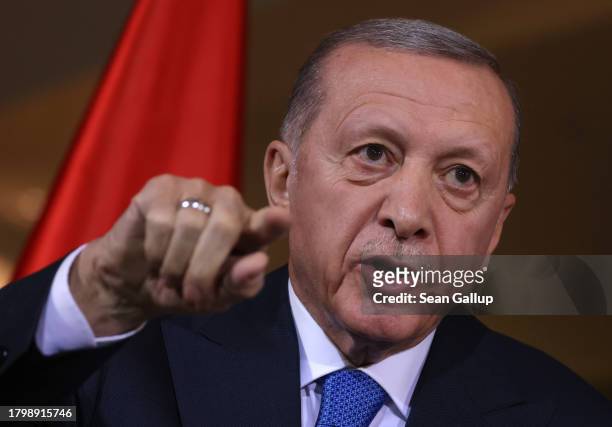 Turkish President Recep Tayyip Erdogan speaks to the media before talks with German Chancellor Olaf Scholz at the Chancellery on November 17, 2023 in...