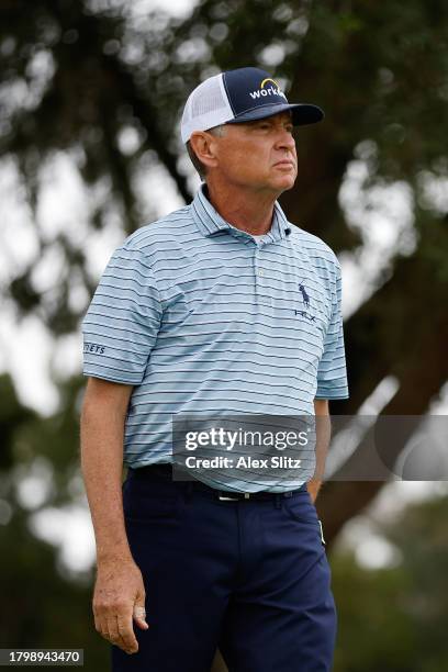 Davis Love III of the United States waits to hit on the ninth tee during the second round of The RSM Classic on the Seaside Course at Sea Island...