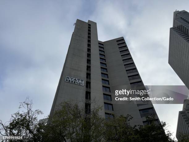 Exterior view of the Hyatt Regency hotel with modern architecture on a cloudy day, Financial District, San Francisco, California, August 17, 2023.