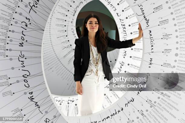 Artist and designer Es Devlin poses for a photo inside 'Iris' during 'An Atlas Of Es Devlin' exhibition press preview at Cooper Hewitt, Smithsonian...