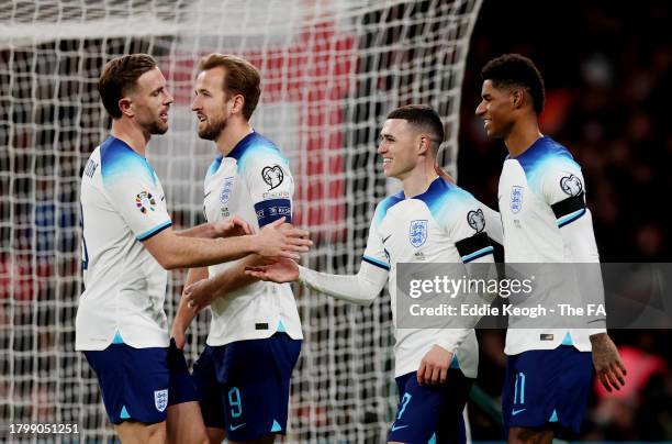 Jordan Henderson, Marcus Rashford, Harry Kane and Phil Foden of England celebrate the team's first goal, an own goal by Enrico Pepe of Malta , during...