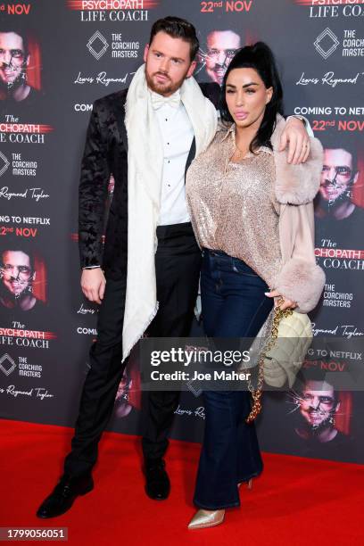 Katie Price and Lewis Raymond Taylor attend the documentary premiere of "The Psychopath Life Coach" at The Curzon Mayfair on November 17, 2023 in...