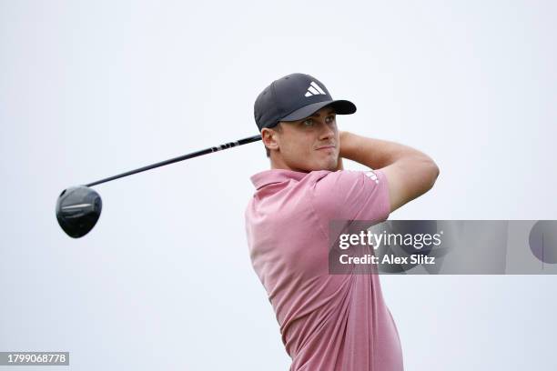 Ludvig Aberg of Sweden hits a tee shot on the 16th hole during the second round of The RSM Classic on the Seaside Course at Sea Island Resort on...