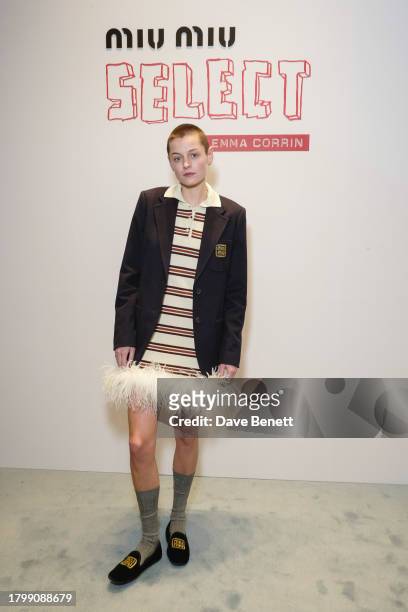 Emma Corrin attends the Miu Miu Select event, featuring a special curated selection of Miu Miu by Emma Corrin, at George Club on November 23, 2023 in...