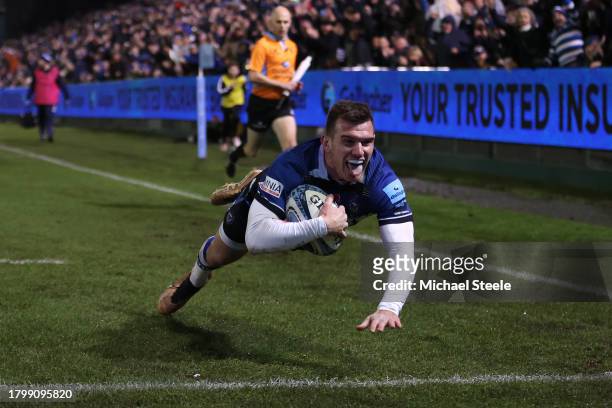 Ben Spencer of Bath scores his sides second try during the Gallagher Premiership Rugby match between Bath Rugby and Bristol Bears Rugby at The...