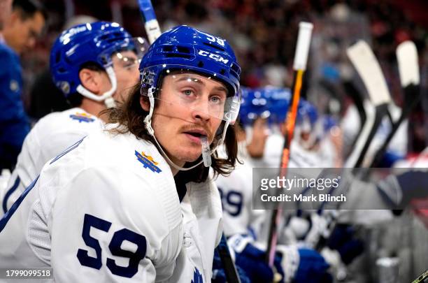 Tyler Bertuzzi of the Toronto Maple Leafs looks on from the bench during the first period of the 2023 NHL Global Series in Sweden between the Toronto...