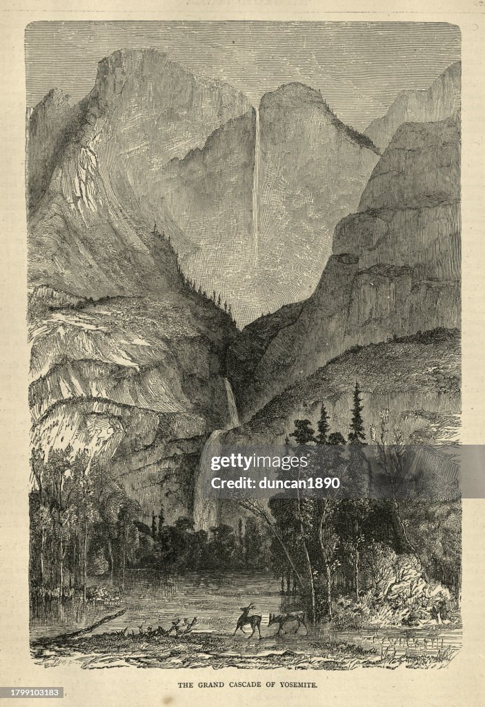 Vintage illustration The Grand cascade of Yosemite, USA, History 19th Century