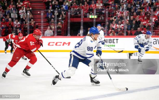 William Nylander of the Toronto Maple Leafsskates with the puck on the attack during the second period of the 2023 NHL Global Series in Sweden...