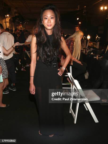 Designer Jen Kao backstage at the Jen Kao show during Spring 2014 Mercedes-Benz Fashion Week at Skylight at Moynihan Station on September 7, 2013 in...