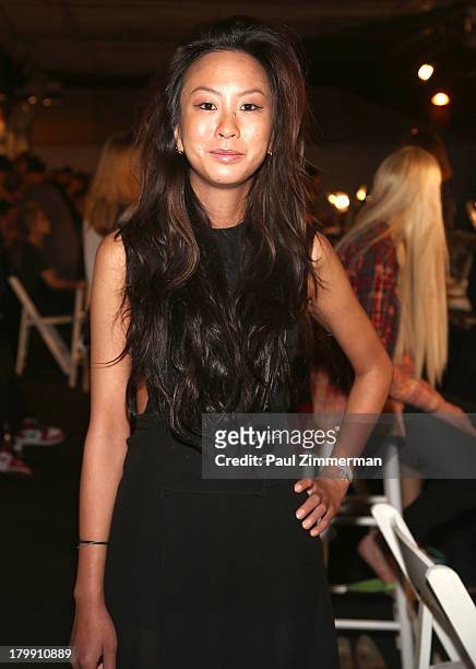 Designer Jen Kao backstage at the Jen Kao show during Spring 2014 Mercedes-Benz Fashion Week at Skylight at Moynihan Station on September 7, 2013 in...