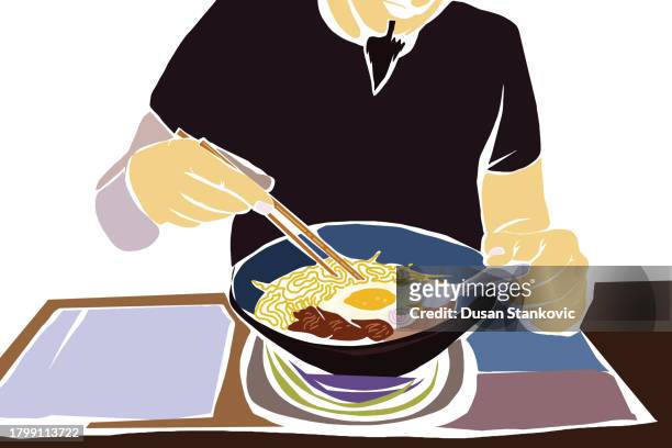 caucasian man eating japanese noodle soup - soup bowl illustration stock illustrations