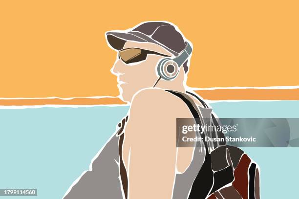 man relaxes on the beach at sunset - old people exercise cartoon stock illustrations
