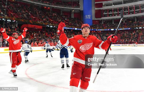 Lucas Raymond of the Detroit Red Wings reacts after scoring a goal during the second period of the 2023 NHL Global Series in Sweden between the...